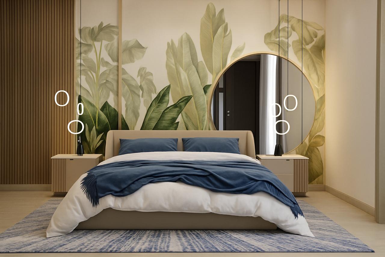 modern bedroom with a mirror on background interior designers in calicut