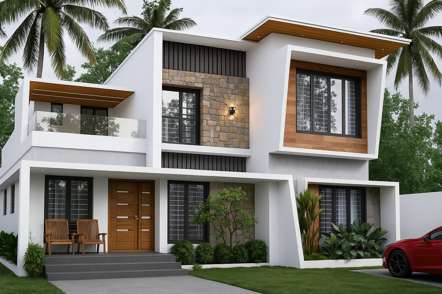modern home with landscaped outdoor by interior designers in calicut