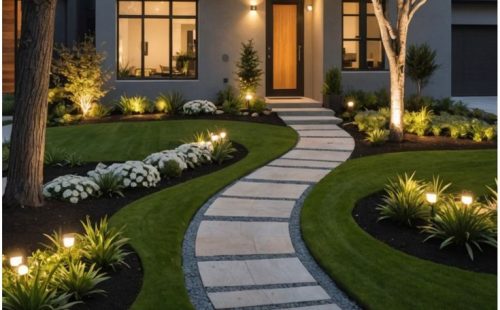 “Modern home exterior with a curved stone pathway, lush green lawn, garden lights w, and elegant landscape design with interior designers in calicut”